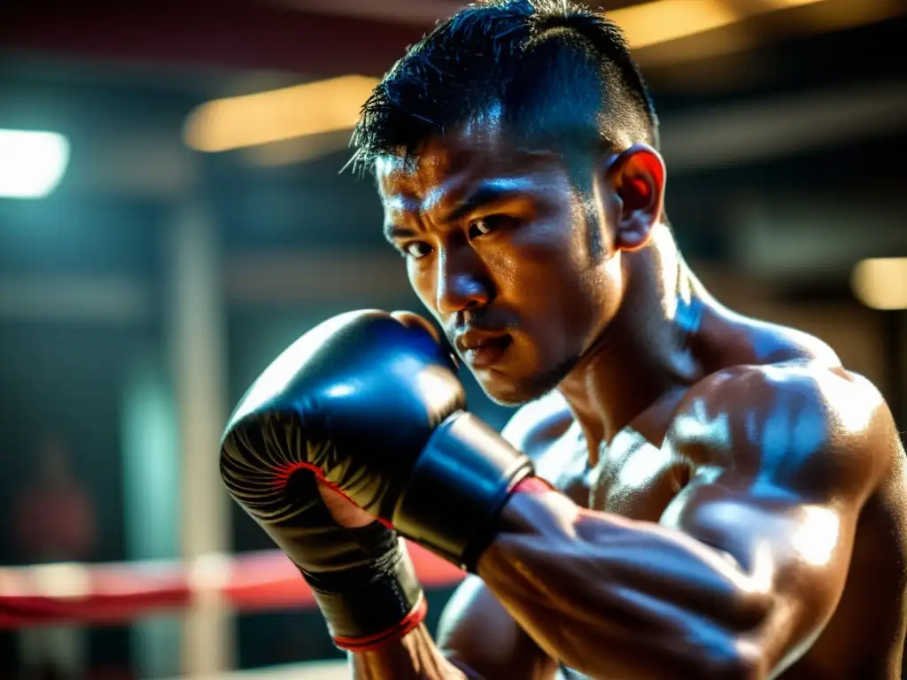 Un luchador de Muay Thai determinado practica en un gimnasio tenue, mostrando perseverancia en el aprendizaje académico