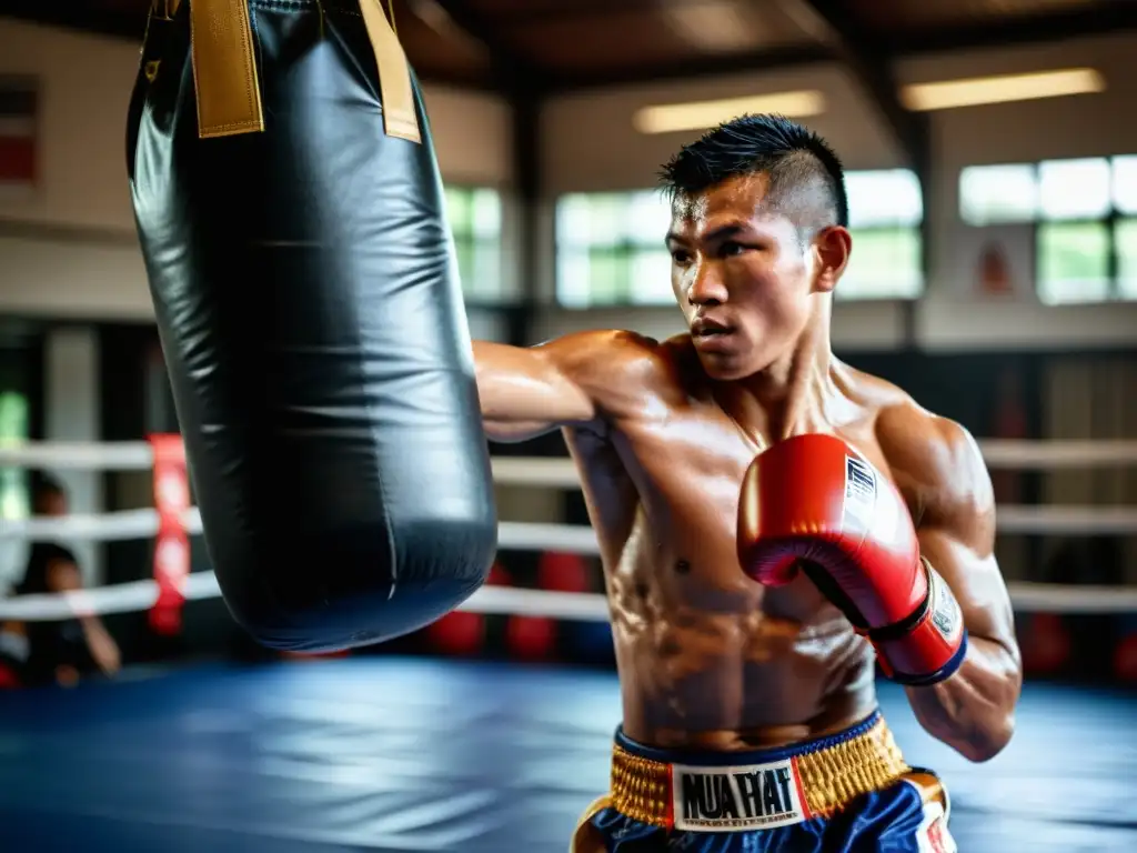 Un luchador de Muay Thai, empapado en sudor, ejecuta una patada circular con determinación en un gimnasio tradicional