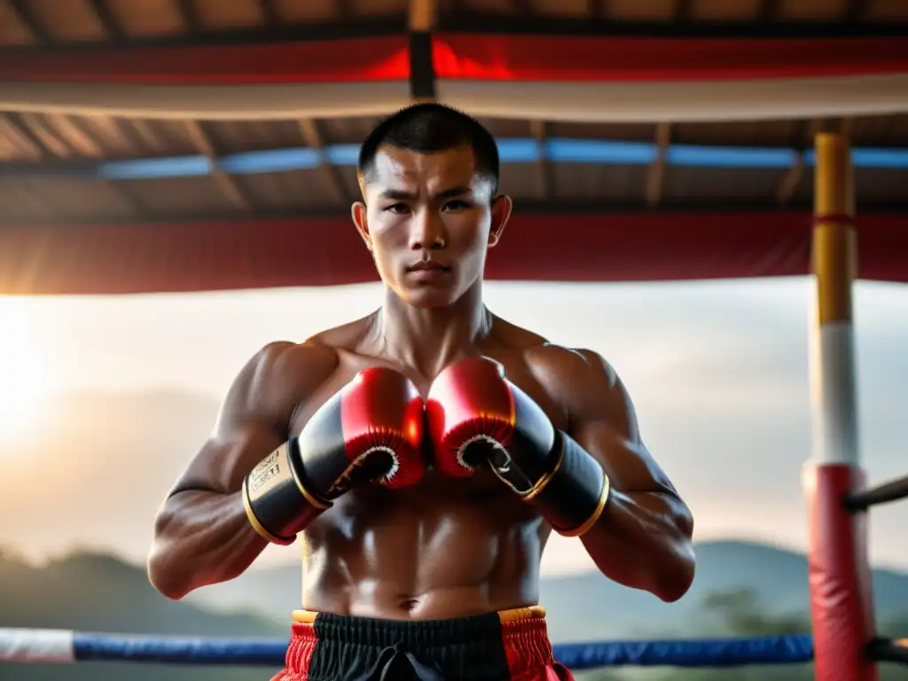 Un luchador de Muay Thai envuelto en vendas rojas, con determinación, en un campamento tradicional al atardecer