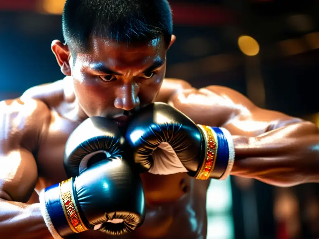 Un luchador de Muay Thai envuelto en vendas tradicionales muestra la determinación en sus ojos mientras se prepara para el entrenamiento