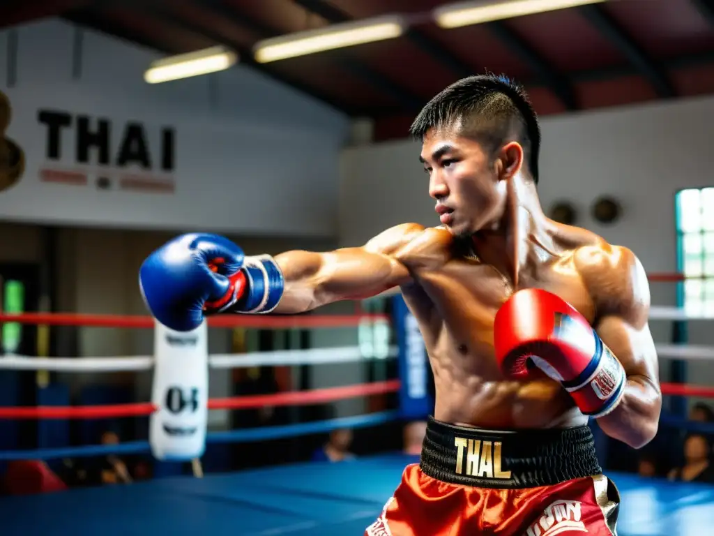 Un luchador de Muay Thai experto ejecuta combinaciones avanzadas con precisión y determinación en un gimnasio tradicional tailandés