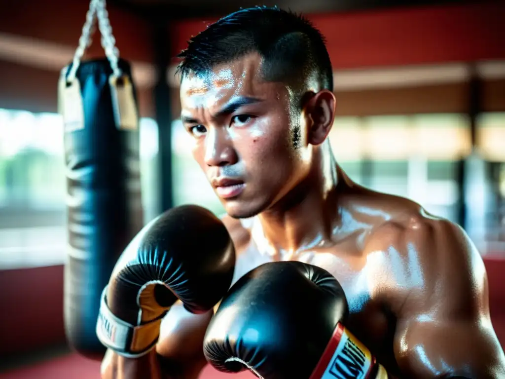 Un luchador de Muay Thai entrenando intensamente en un gimnasio tradicional, mostrando determinación y fuerza