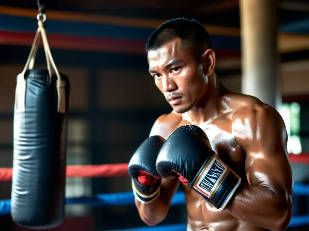 Un luchador de Muay Thai se prepara mentalmente en un gimnasio oscuro y desgastado, envolviendo sus manos con vendas tradicionales