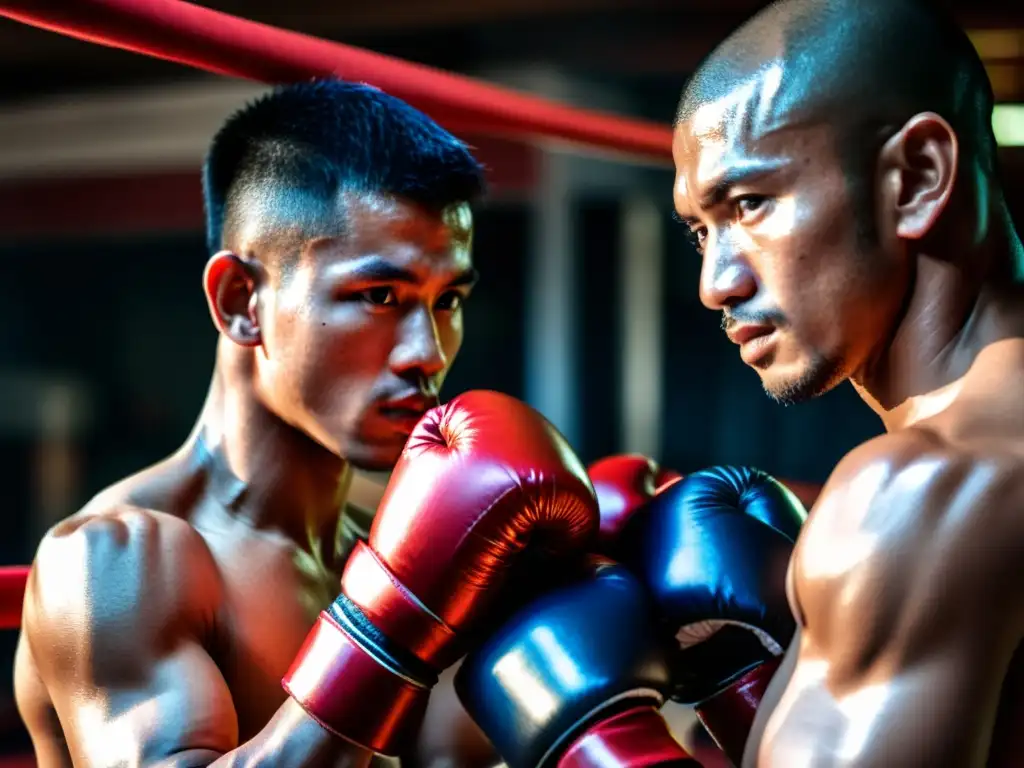 Un luchador de Muay Thai se concentra al envolver sus manos con vendas tradicionales, en un gimnasio tenue y lleno de sonidos de entrenamiento