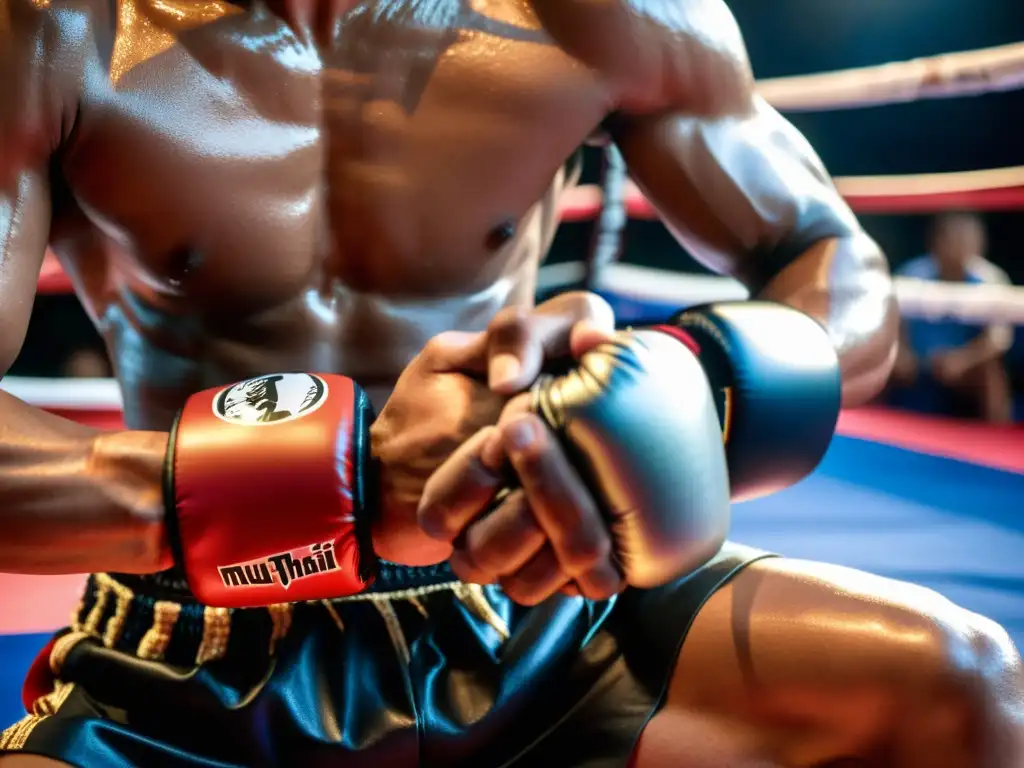 Un luchador de Muay Thai se prepara envolviendo sus manos en tela tradicional, mostrando la dedicación física y mental en la preparación para el combate