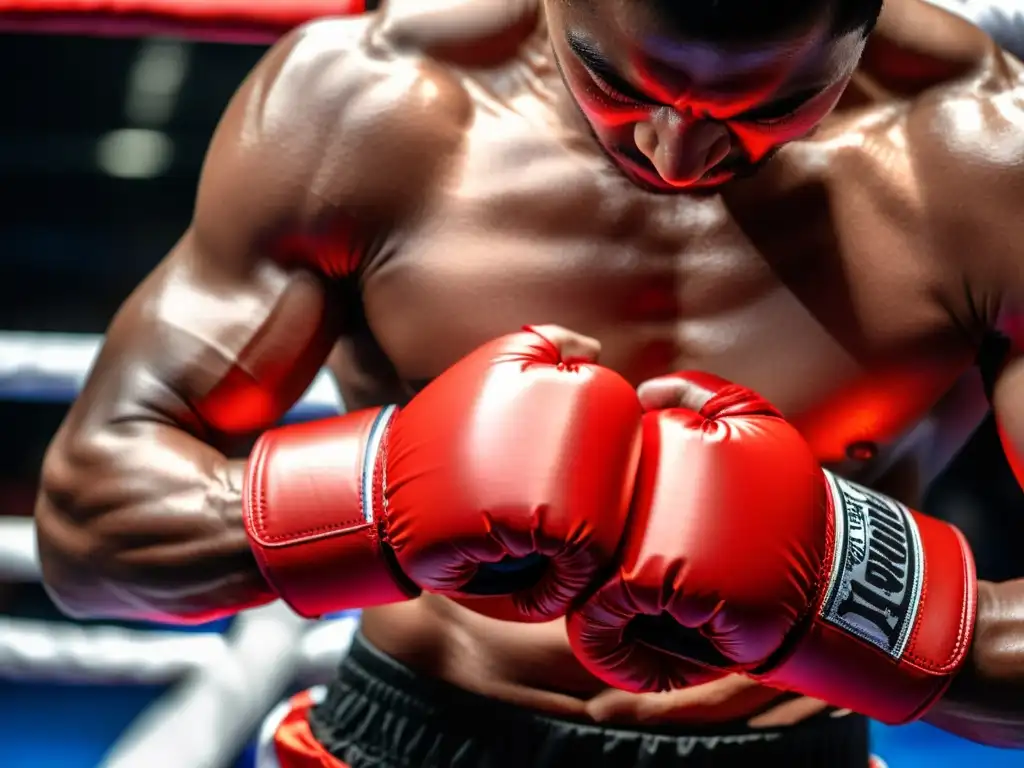 Un luchador de Muay Thai envolviendo sus manos con vendas rojas, mostrando determinación y enfoque en la recuperación post combate Muay Thai