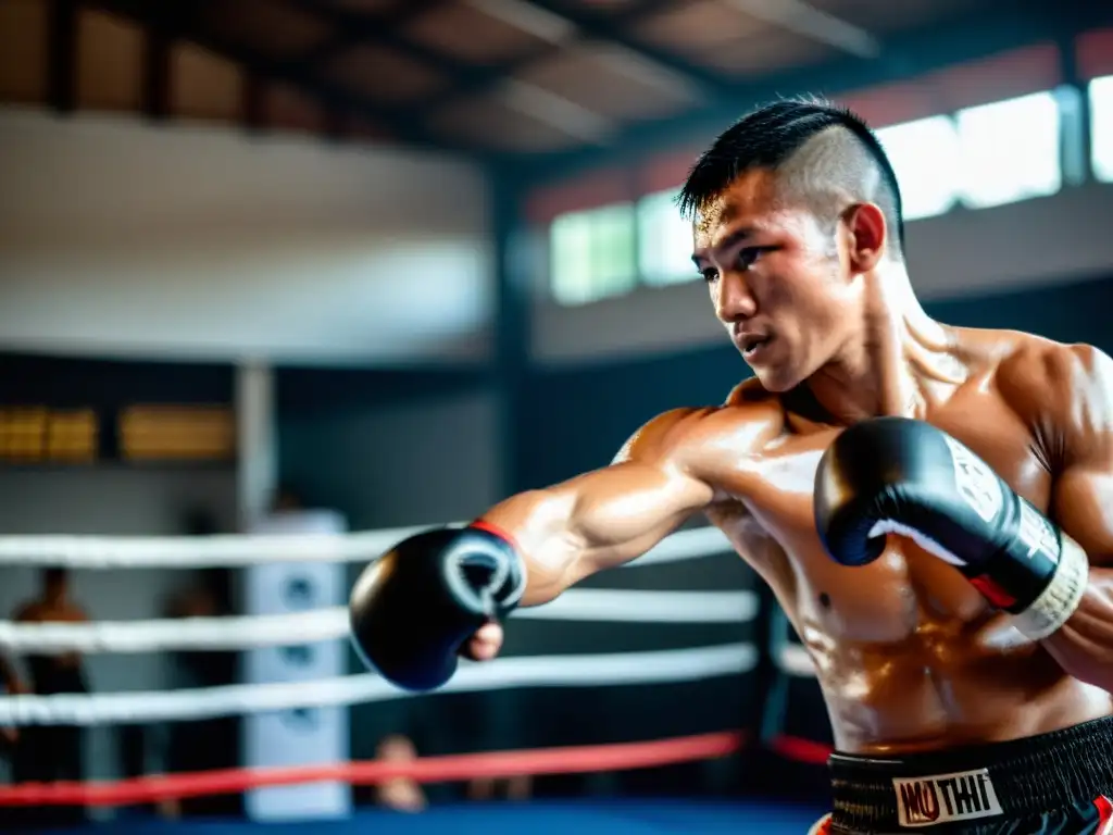 Un luchador de Muay Thai en pleno entrenamiento, ejecutando una patada perfecta en un gimnasio auténtico