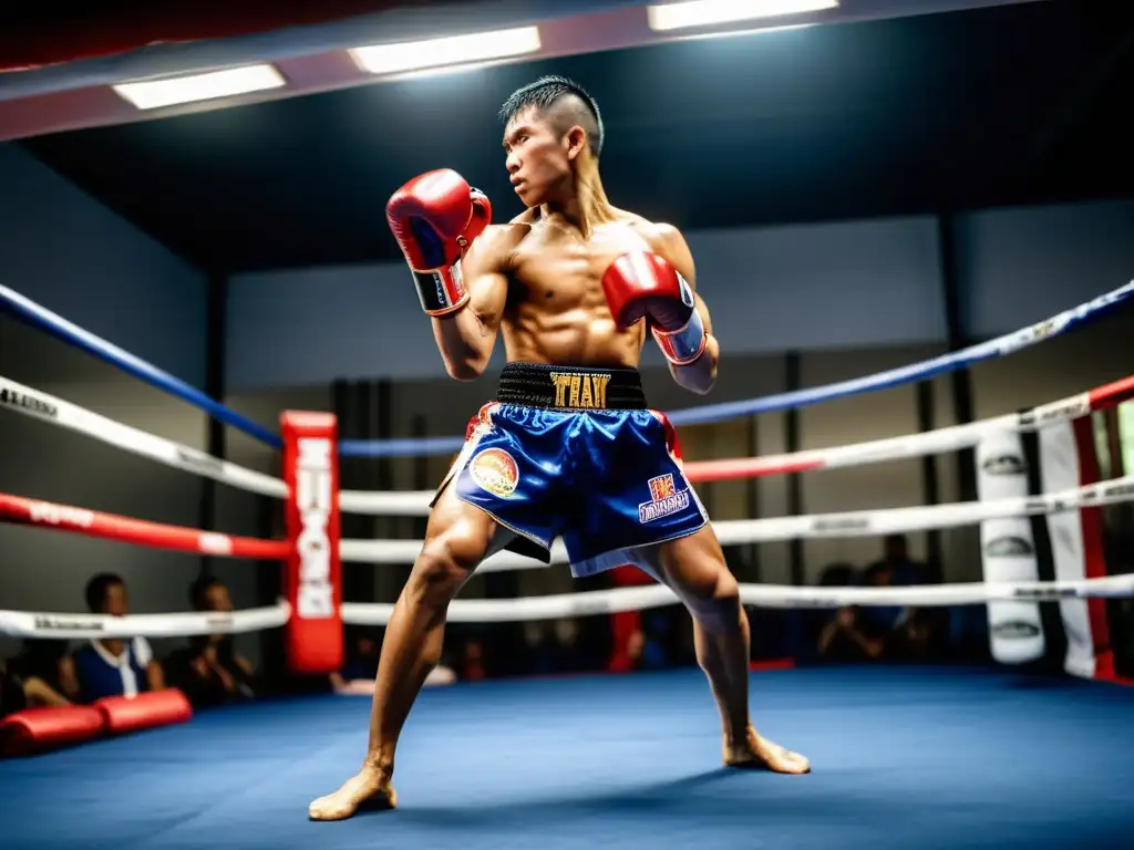 Un luchador de Muay Thai en postura clásica, mostrando determinación y fuerza, exudando la tradición y técnica básica del Muay Thai