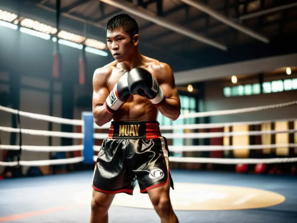 Un luchador de Muay Thai ejecutando una potente patada en un gimnasio, con otros atletas entrenando