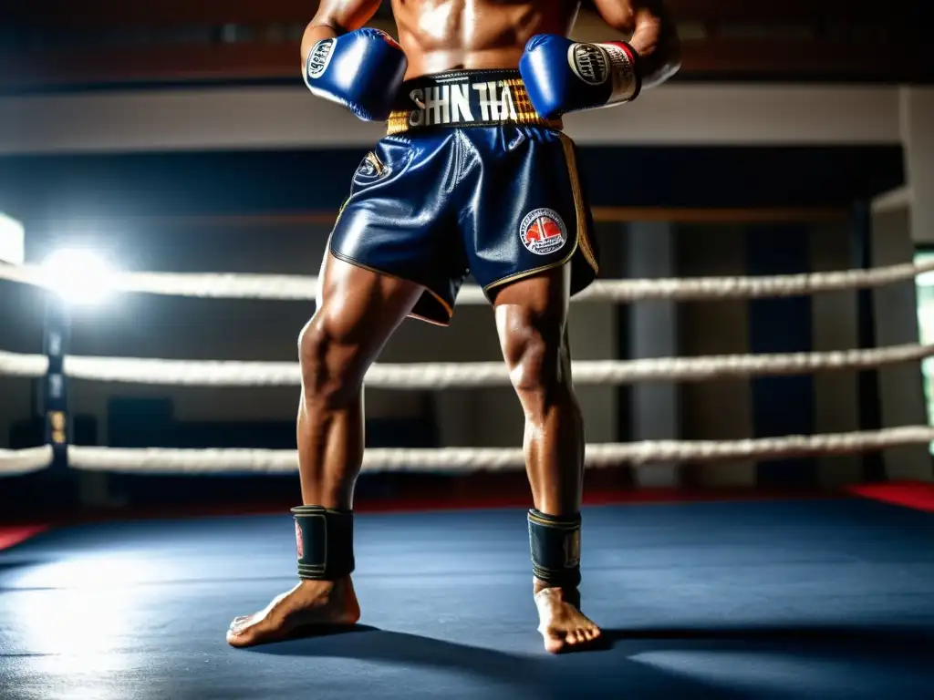 Un luchador de Muay Thai profesional con los mejores shin guards para Muay Thai, listo para el combate en un gimnasio atmosférico