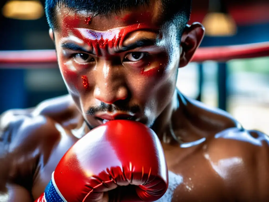 Un luchador de Muay Thai con puño apretado y determinación, listo para golpear con técnicas básicas Muay Thai