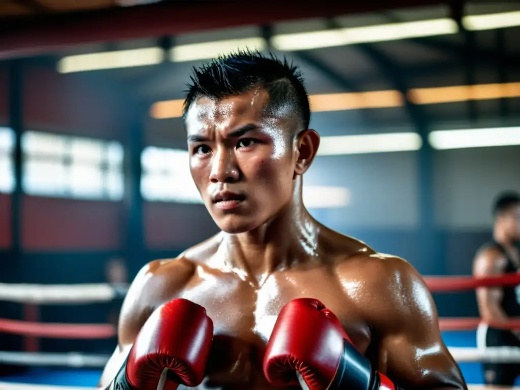 Un luchador de Muay Thai ejecuta técnicas de respiración en un gimnasio, mostrando determinación y disciplina en su entrenamiento