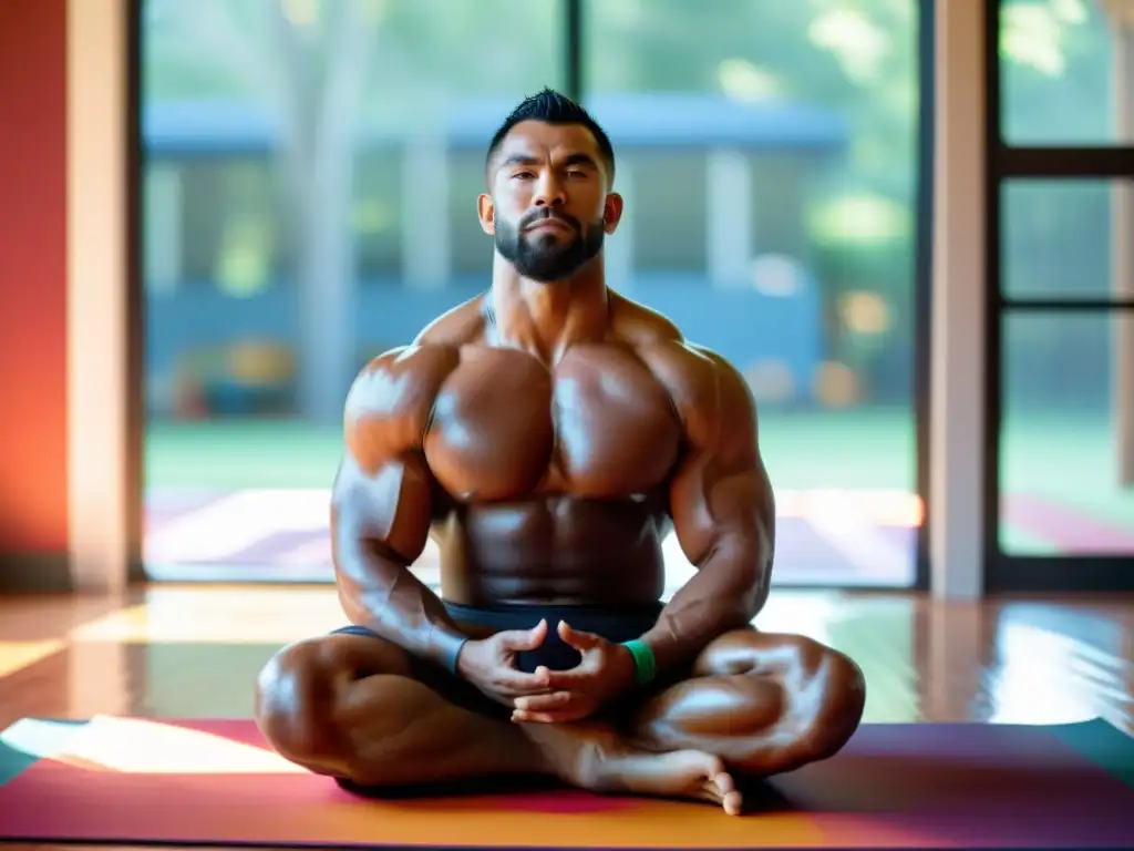 Un luchador musculoso y concentrado practica yoga para prevenir lesiones en las artes marciales en un estudio sereno