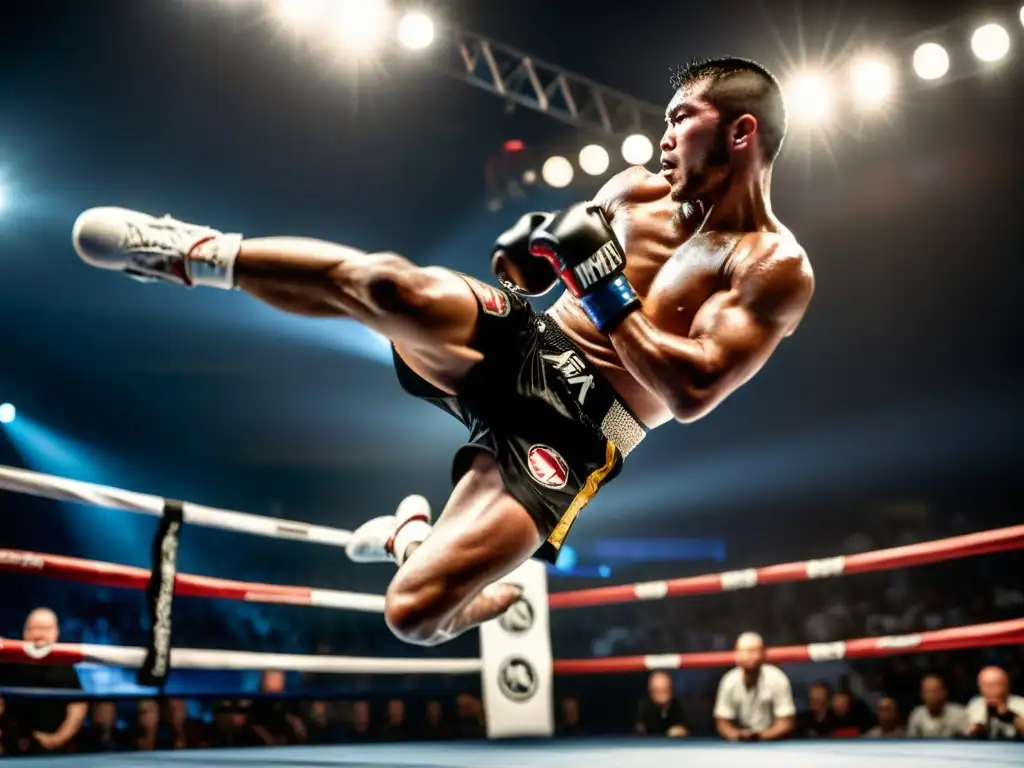 Un luchador de MMA ejecuta una patada de karate con energía y concentración, rodeado de la emoción del ring