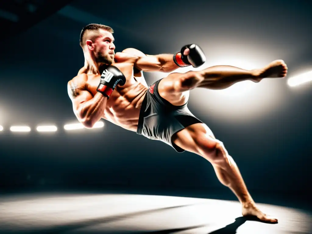 Patada perfecta de luchador de MMA en alta resolución Un luchador de MMA ejecuta una patada perfecta, mostrando fuerza y precisión