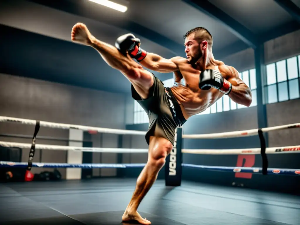 Un luchador de MMA ejecuta una patada circular perfecta, con intensidad y técnica en un entorno de entrenamiento auténtico