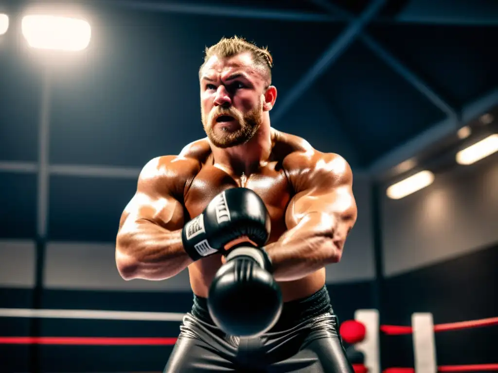 Un luchador atrapa una pelota de reacción en pleno aire durante un intenso entrenamiento en un gimnasio