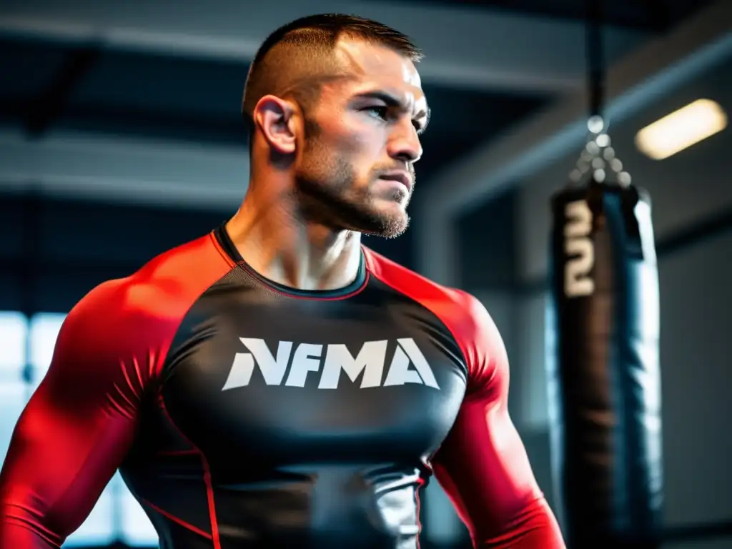 Un luchador de MMA ejecuta un poderoso roundhouse kick en un gimnasio, luciendo un rashguard negro con detalles rojos