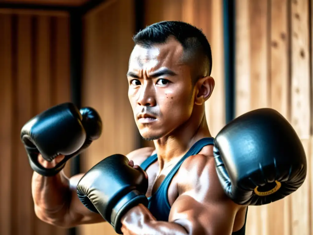 Un luchador en postura de combate, con músculos tensos y determinación, en un dojo de artes marciales