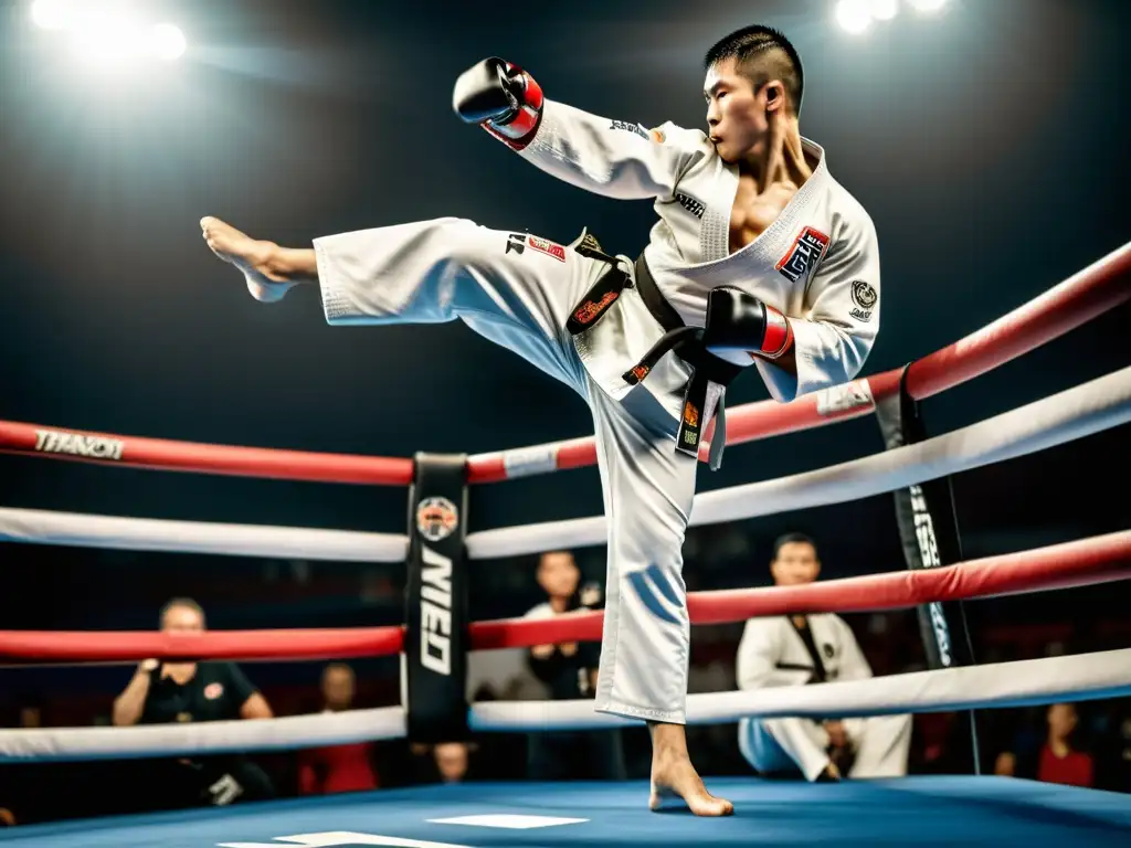 Un luchador de MMA ejecuta un preciso golpe de Taekwondo, mostrando la influencia del Taekwondo en las MMA