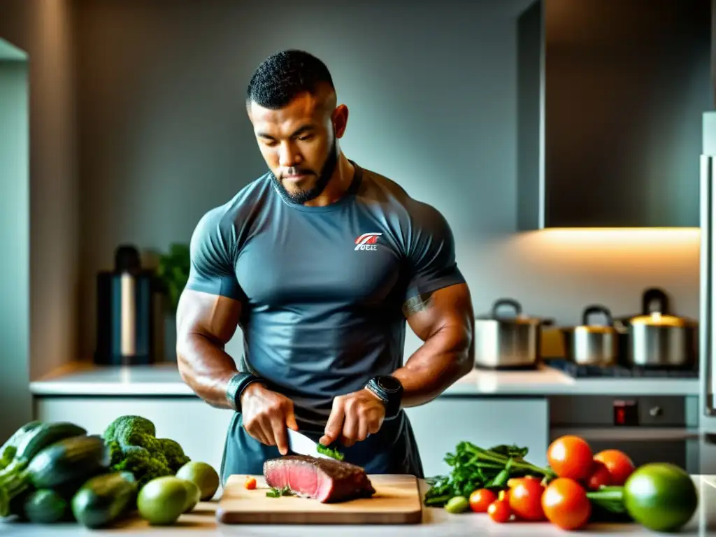 Un luchador profesional prepara una comida paleo en la cocina, mostrando determinación y enfoque