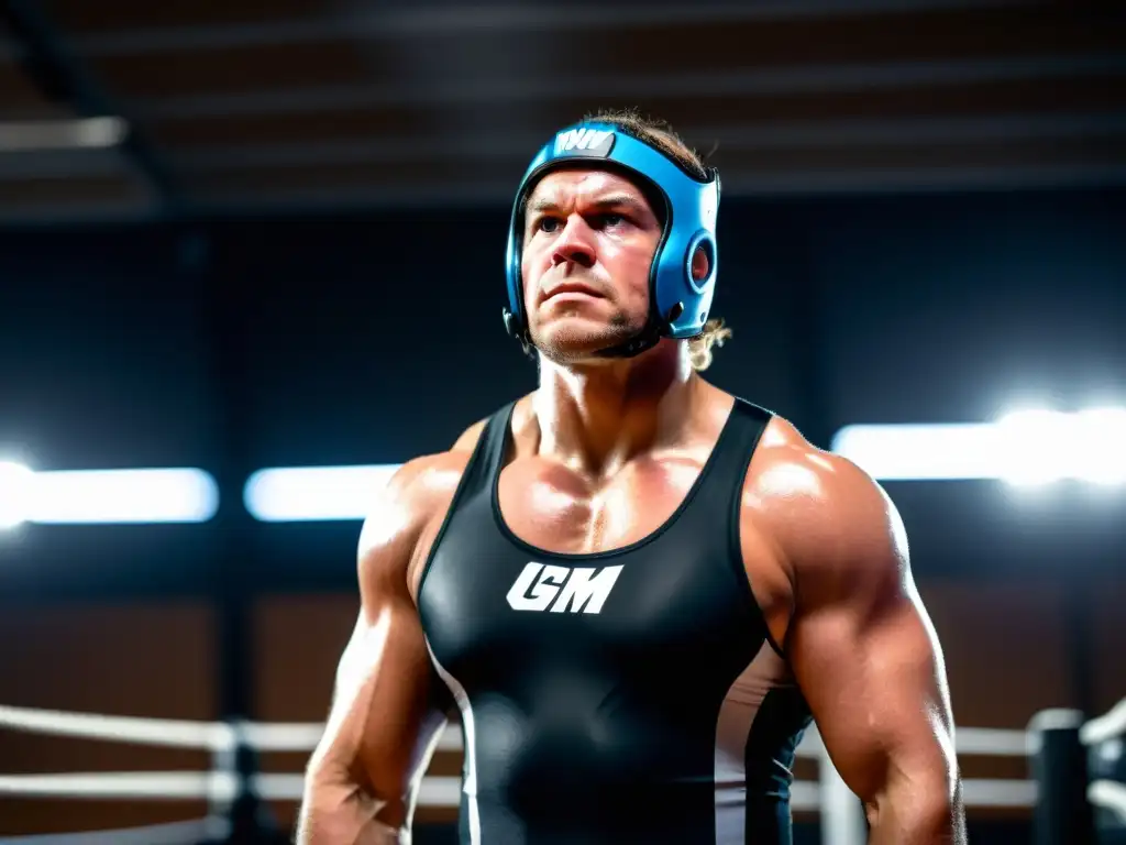 Un luchador profesional con un dispositivo wearable de biofeedback, entrenando en un gimnasio oscuro