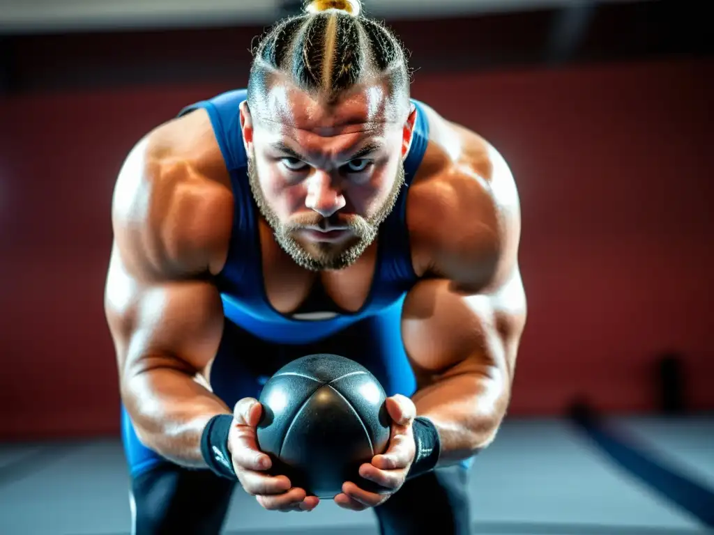 Un luchador profesional se enfoca intensamente en el entrenamiento con la pelota de reacción, mostrando determinación y concentración