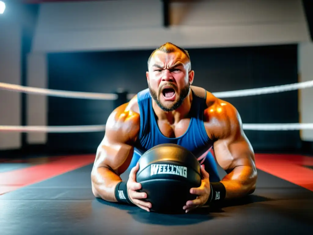 Un luchador profesional se entrena con determinación, usando las mejores pelotas de reacción para luchadores en un gimnasio bien iluminado