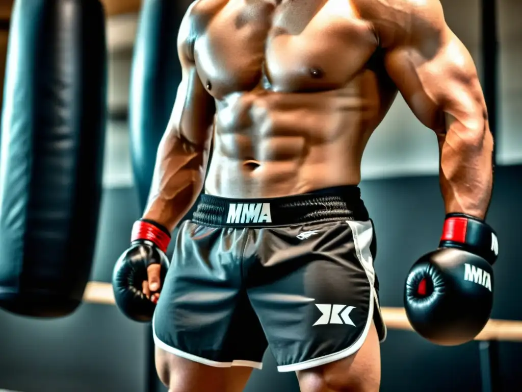 Un luchador de MMA profesional muestra los mejores shorts de MMA para entrenamiento en un gimnasio, transmitiendo intensidad y determinación