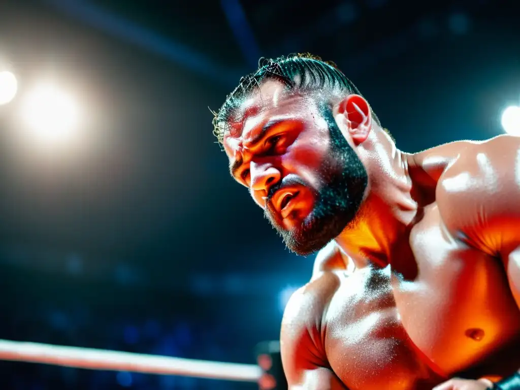 Un luchador profesional en plena lucha, con sudor en la piel, mostrando determinación y luchando con su oponente en el ring