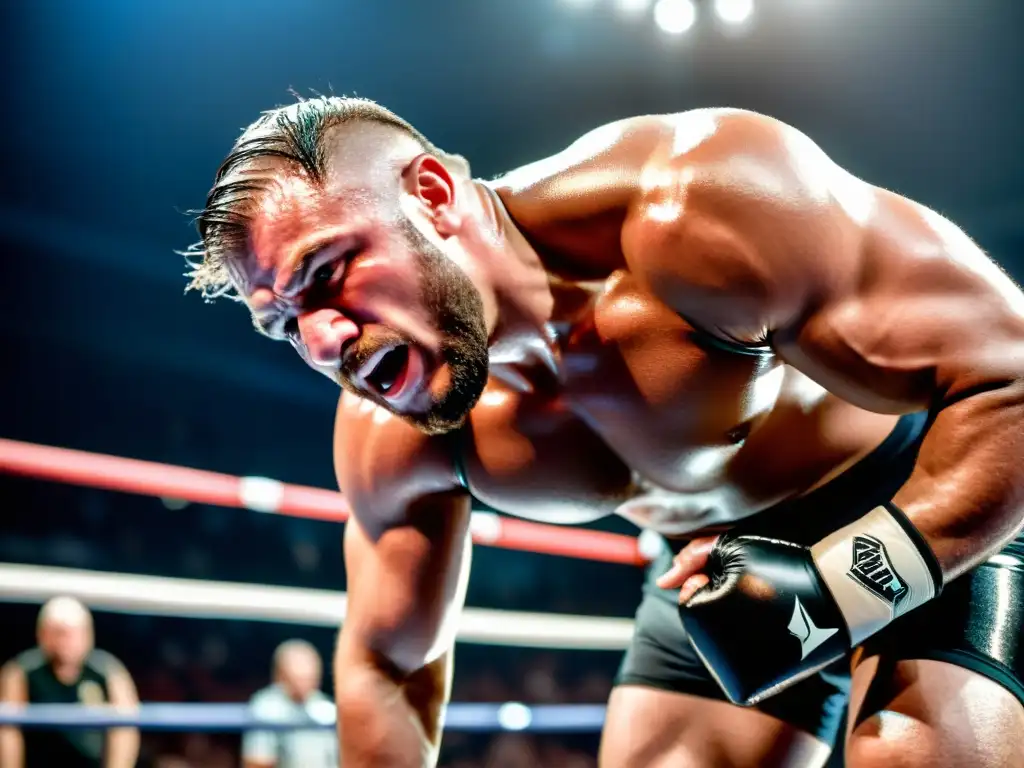 Un luchador profesional sudando y esforzándose en el ring, con determinación y foco
