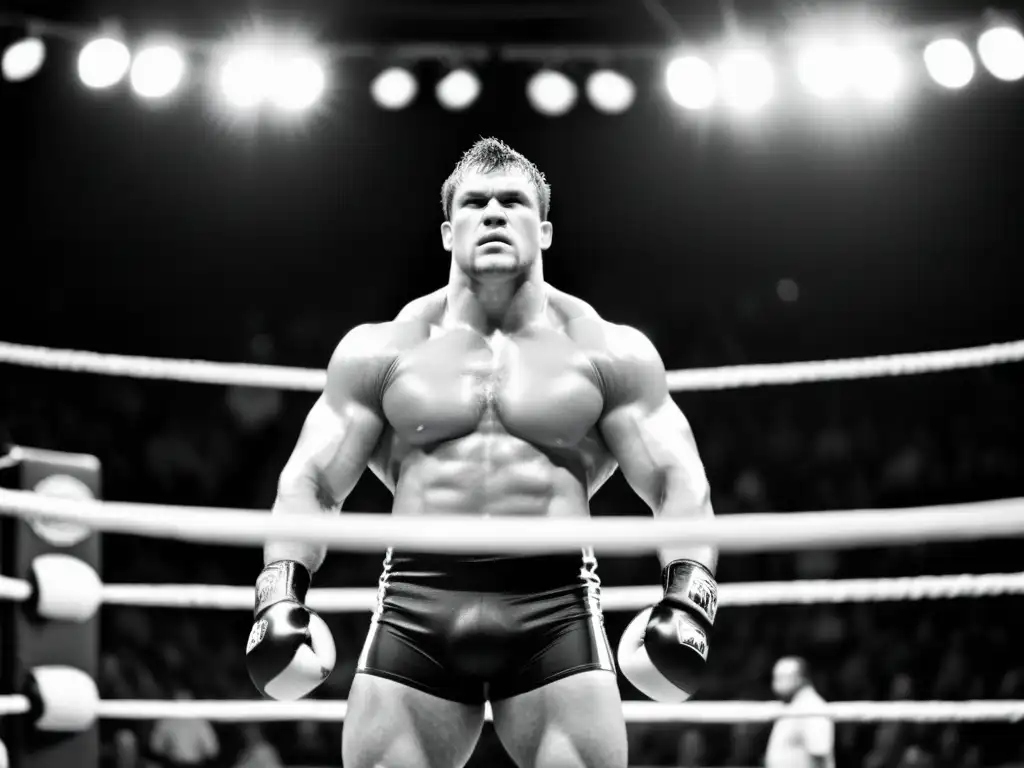 Un luchador profesional tenso en el ring, preparándose para un movimiento de alto vuelo, con músculos destacados y determinación en sus ojos