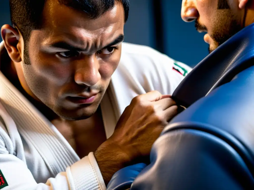 Un luchador de Brazilian JiuJitsu muestra determinación al medir progreso, con la mirada intensa y el agarre firme en el gi de su oponente