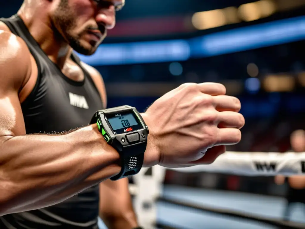 Un luchador de MMA muestra determinación con una pulsera de actividad negra