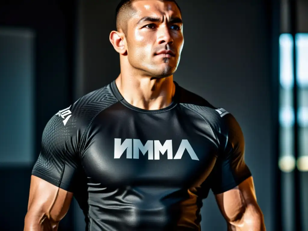 Un luchador de MMA en acción, luciendo un rashguard negro de alta calidad