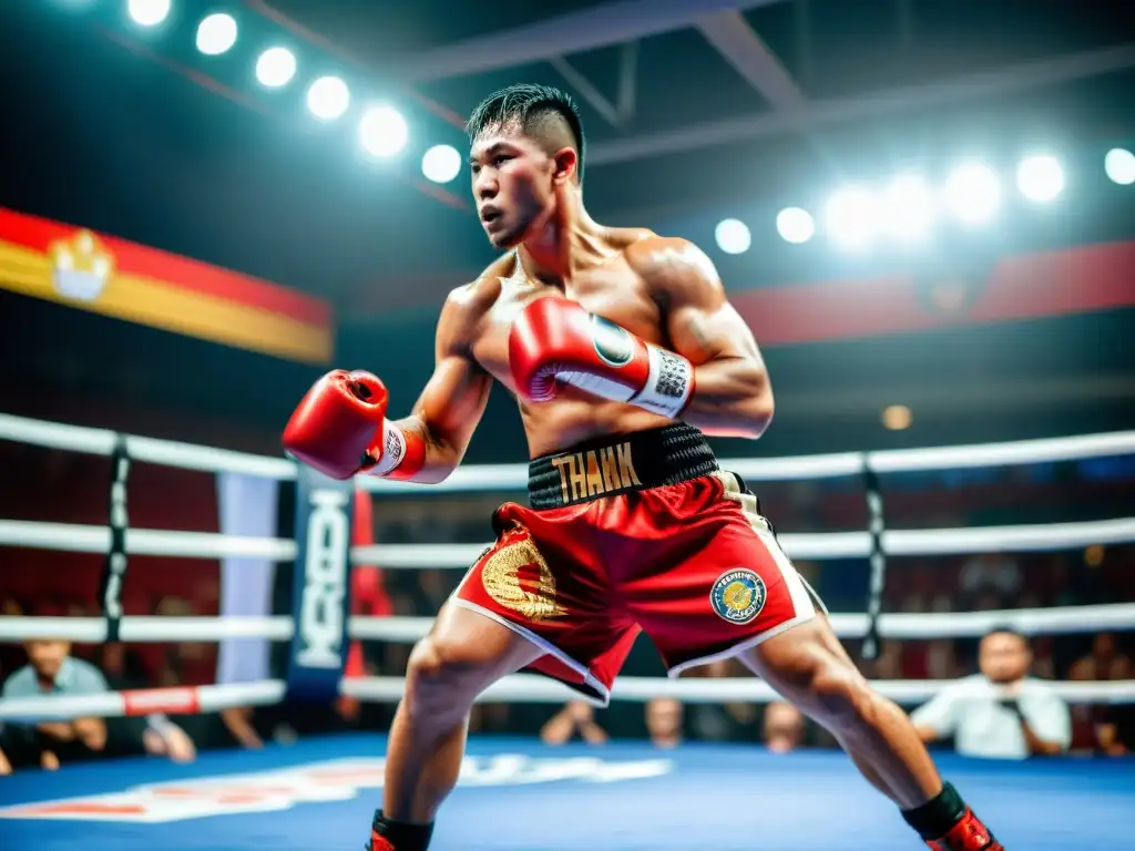 Un luchador en el ring usando pantalones de kickboxing y muay thai rojos, con símbolos tailandeses