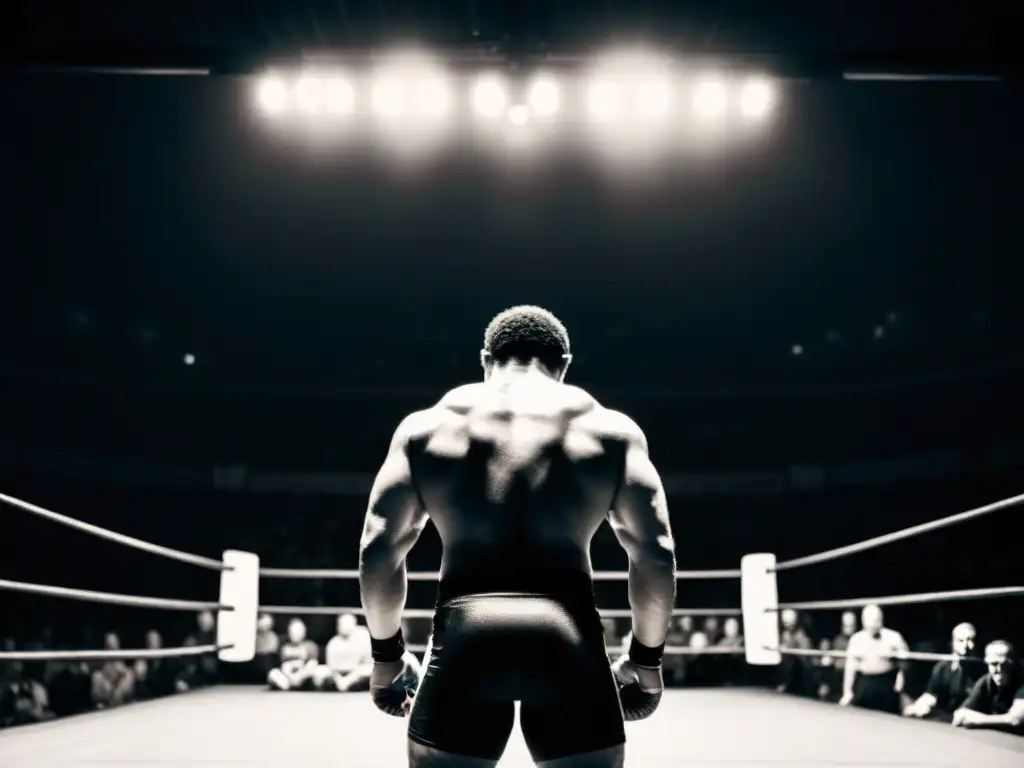 Un luchador solitario en un ring oscuro, su sombra se extiende