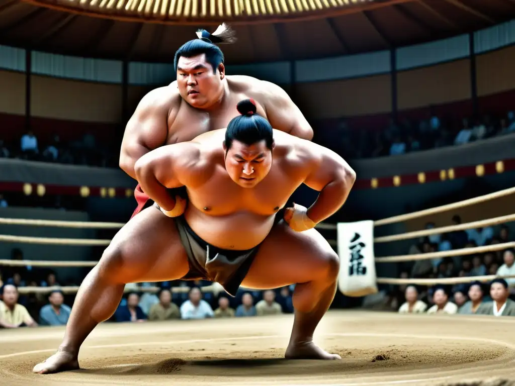 Un luchador de sumo ejecuta un potente lanzamiento en un emocionante combate, mostrando determinación y fuerza