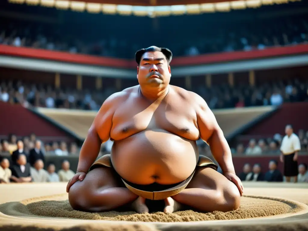 Un luchador de sumo realiza un ritual ceremonial antes de la pelea, rodeado por una multitud expectante