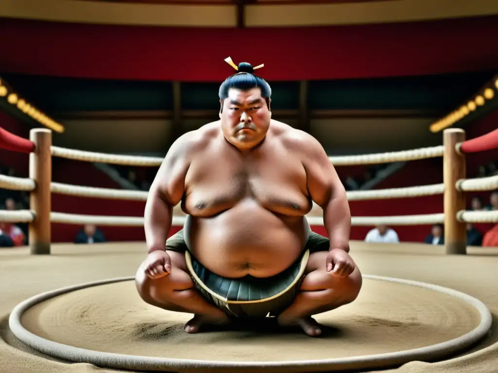 Un luchador de sumo realiza un ritual antes de la pelea, mostrando tradición y fuerza