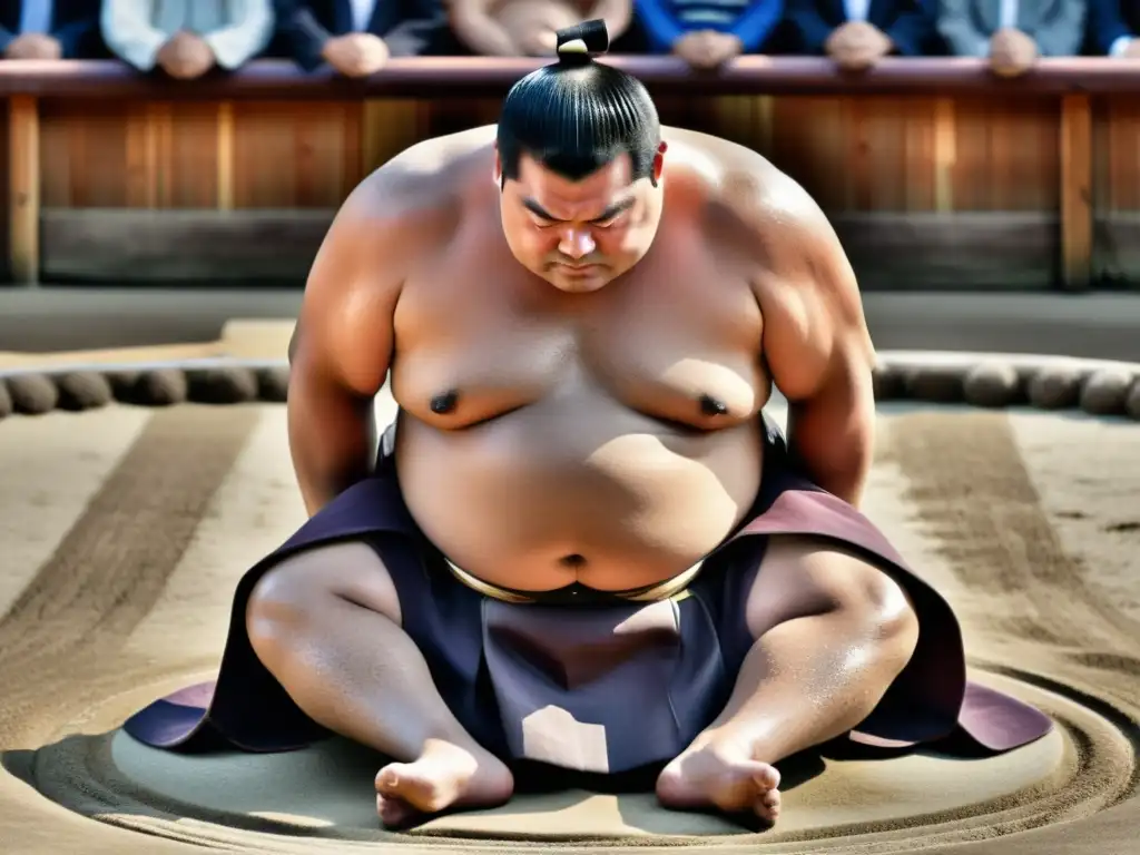 Un luchador de sumo en ritual previo a la lucha, rodeado de espectadores expectantes