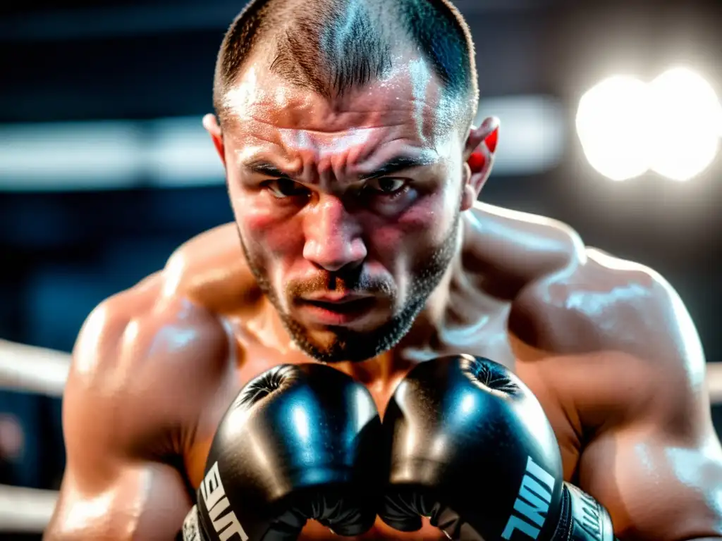 Un luchador de MMA ejecuta técnicas avanzadas de striking con determinación y precisión, destacando la intensidad y habilidad en el deporte