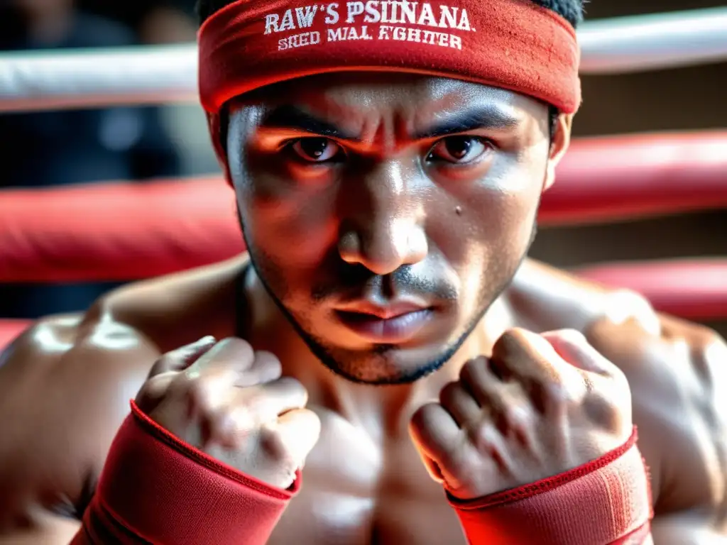 Un luchador de Sanda con vendas rojas en las manos, mirada intensa