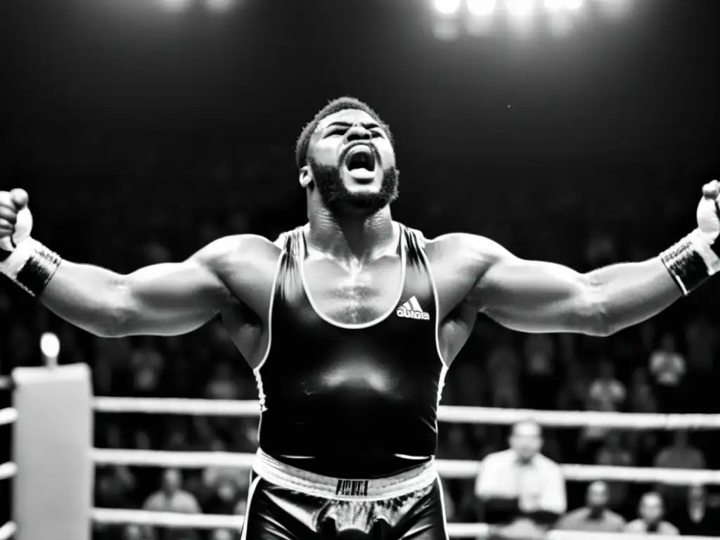 Un luchador celebrando victoria en el ring, con público de fondo