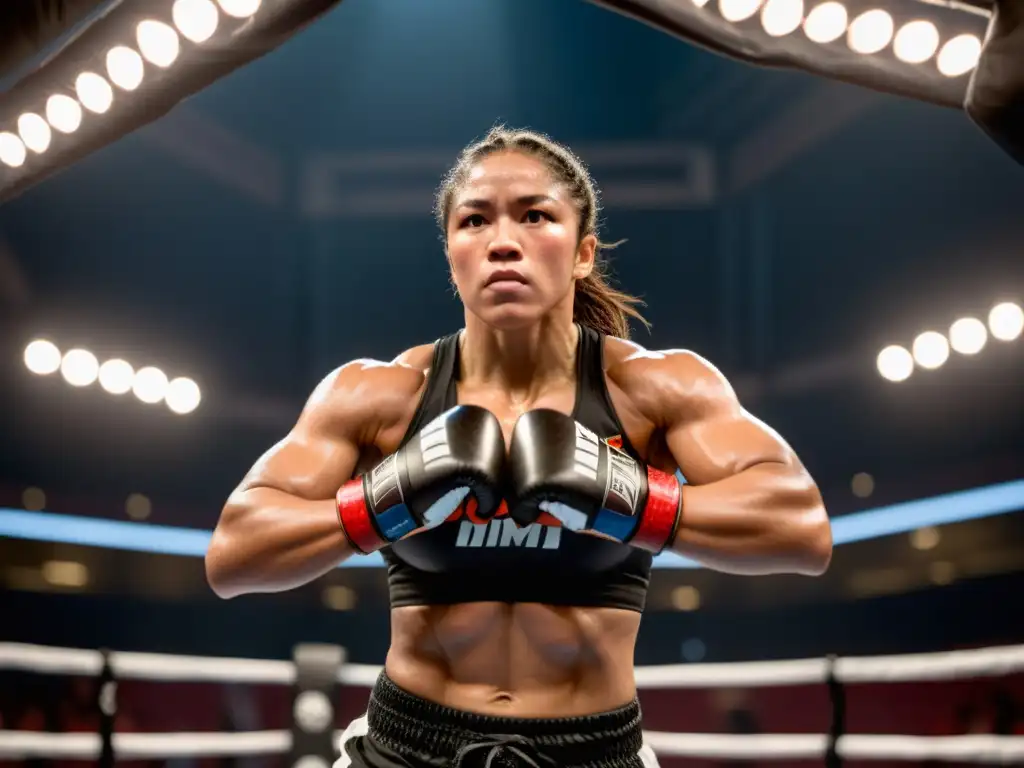 Una luchadora de artes marciales mixtas muestra determinación en el octágono, representando el creciente papel de las mujeres en las MMA