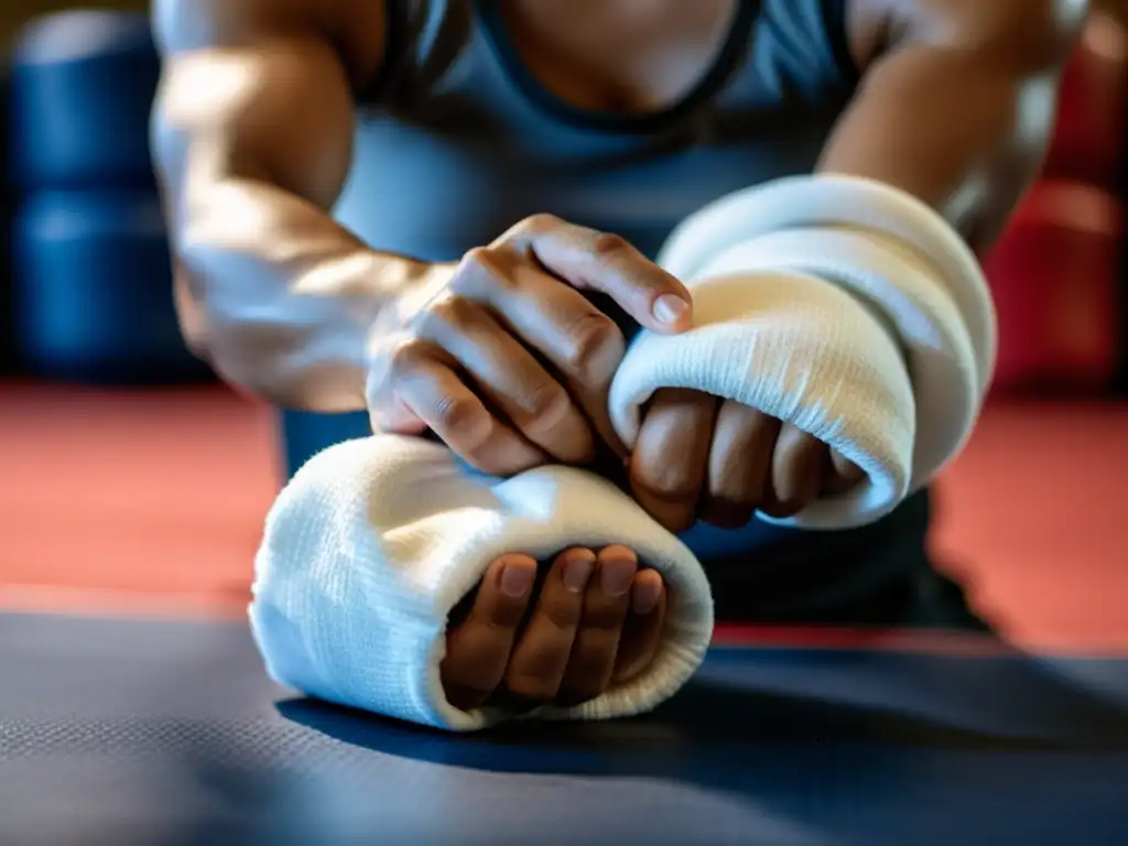 Una luchadora envuelve sus manos con cuidado antes de entrenar, resaltando la importancia del equipamiento de protección para mujeres en las artes marciales