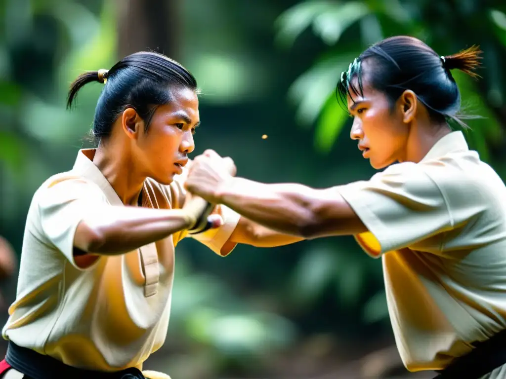 Dos luchadores de Arnis en pleno combate, demostrando técnicas de combate con palos en medio de la exuberante vegetación de la selva tropical