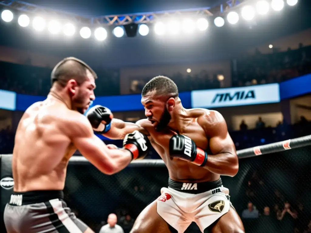 Dos luchadores de artes marciales mixtas en plena acción, demostrando la intensidad y habilidad de las Reglas Unificadas de Artes Marciales Mixtas