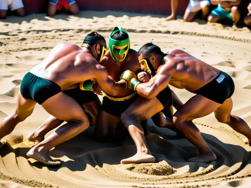 Luchadores canarios en un intenso combate de lucha canaria, destacando la historia y evolución de este arte ancestral