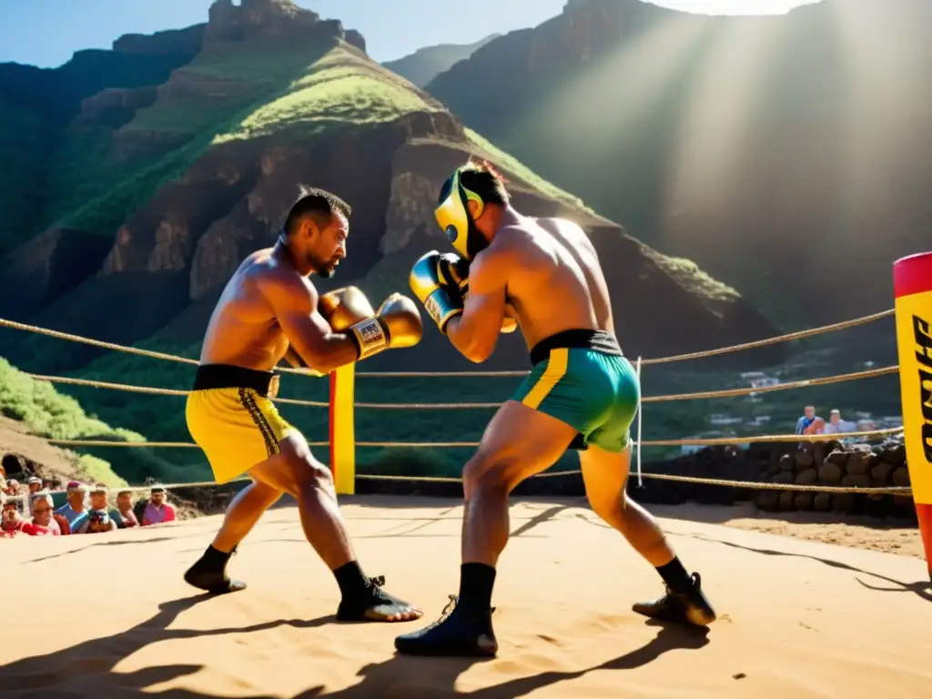 Luchadores canarios en un intenso combate de lucha canaria, capturando la historia y evolución de este ancestral arte marcial en las Islas Canarias